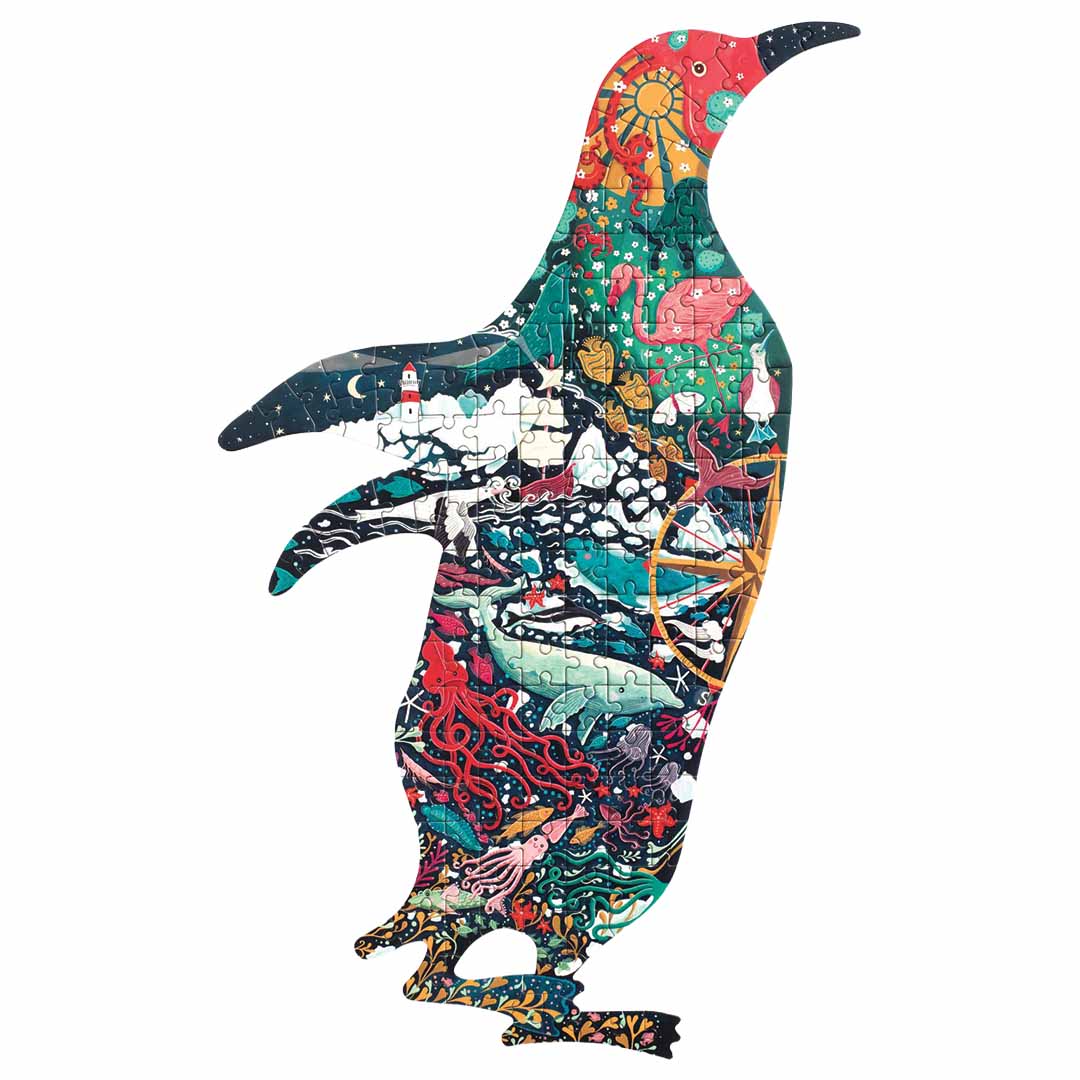 Volledig gelegde Djeco Puzz'Art pinguïn legpuzzel met 150 stukjes en gedetailleerde illustraties van dieren en schepen.