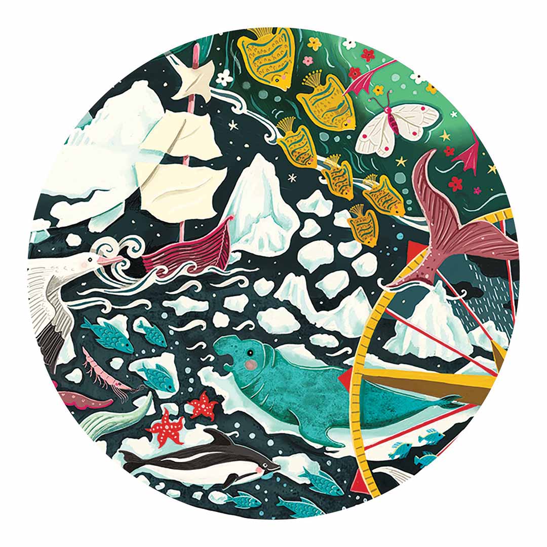 Detail van de Djeco Puzz'Art pinguïn legpuzzel met een walvis, dolfijn, ijsbergen en een schip.