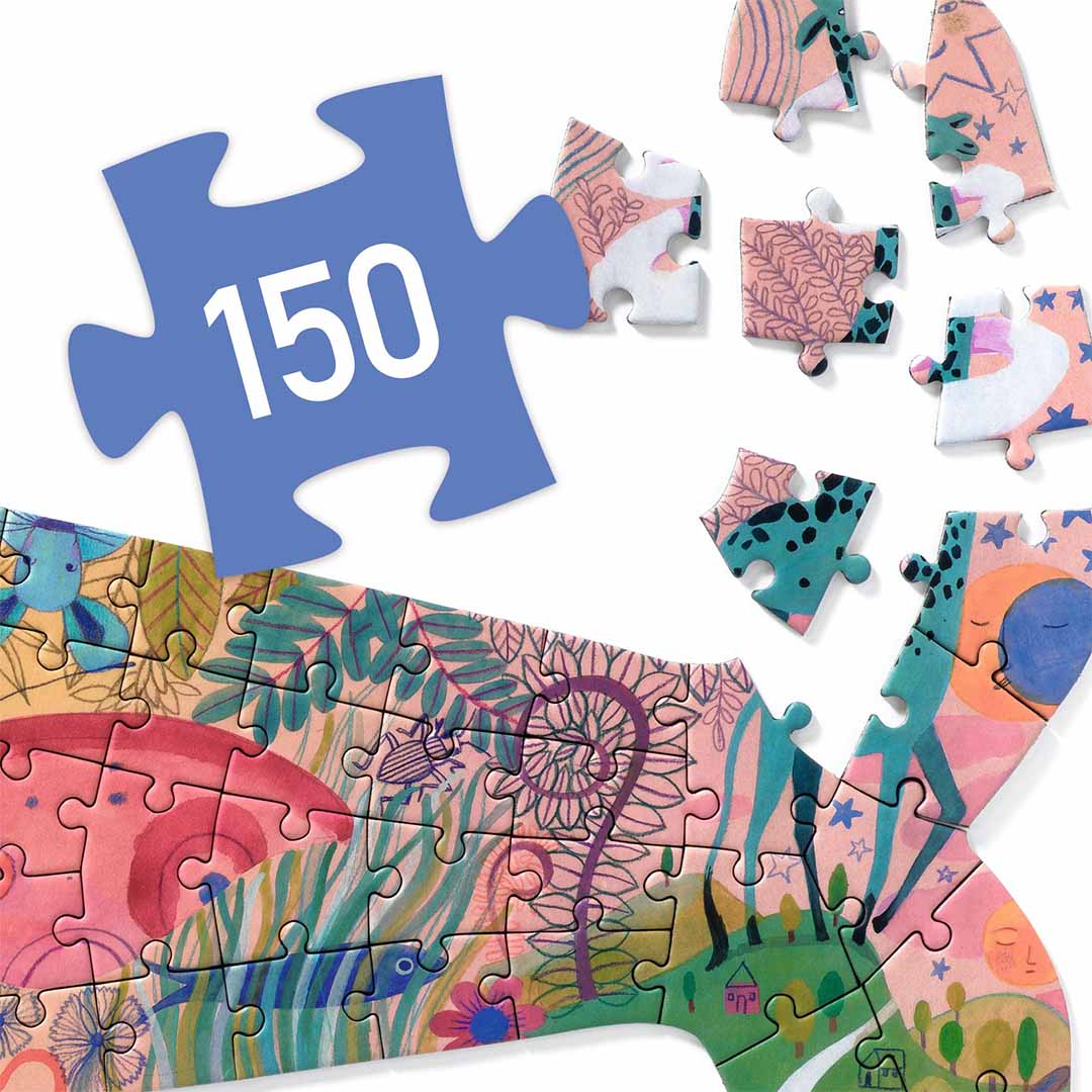 Detail van de Djeco Puzz'Art walvis legpuzzel met kleurrijke patronen en een stukje met het getal 150.