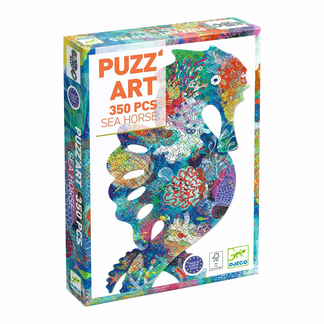 Djeco Puzz'Art zeepaard puzzelverpakking met de afbeelding van het kleurrijke zeepaard.