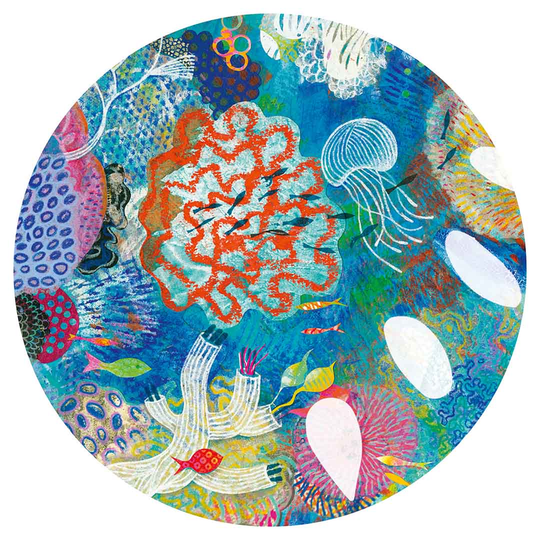 Ronde illustratie van een kleurrijke abstracte onderwaterwereld met koraal, kwallen en vissen.