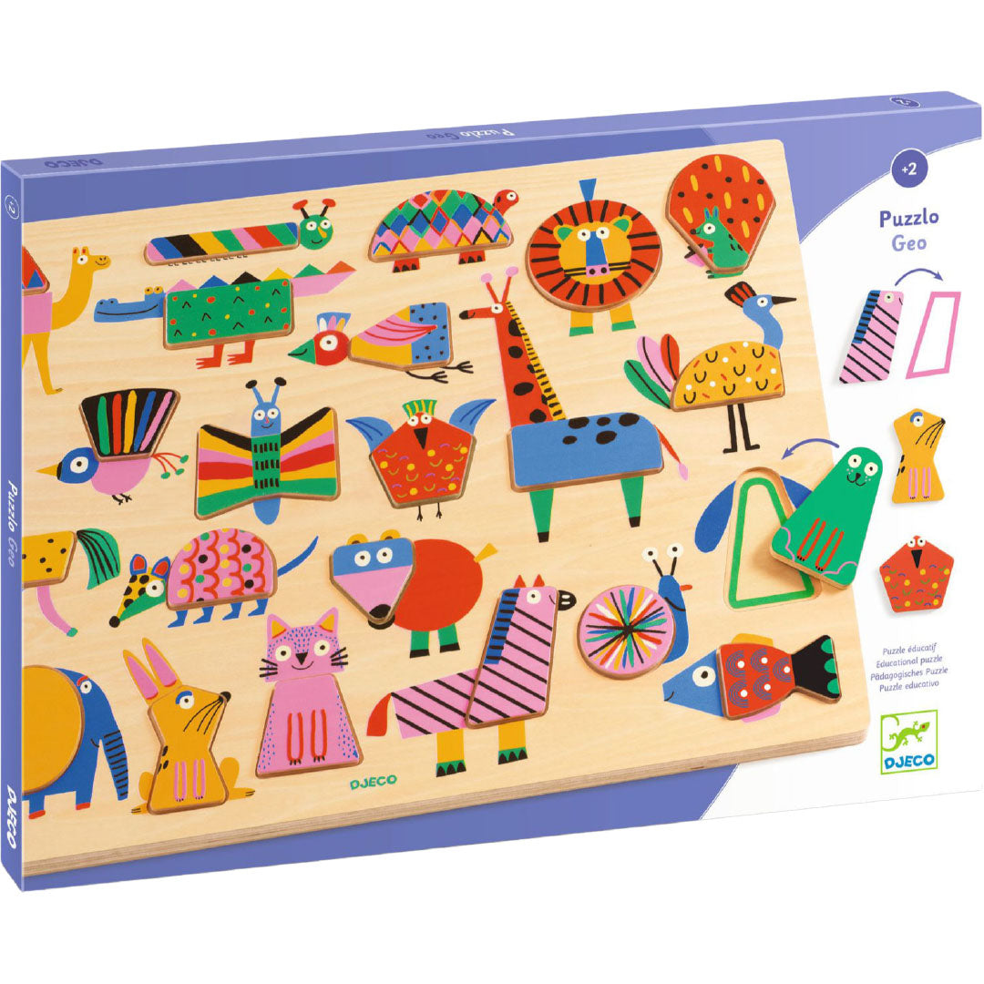 Djeco houten puzzel met geometrische dieren in de verpakking.