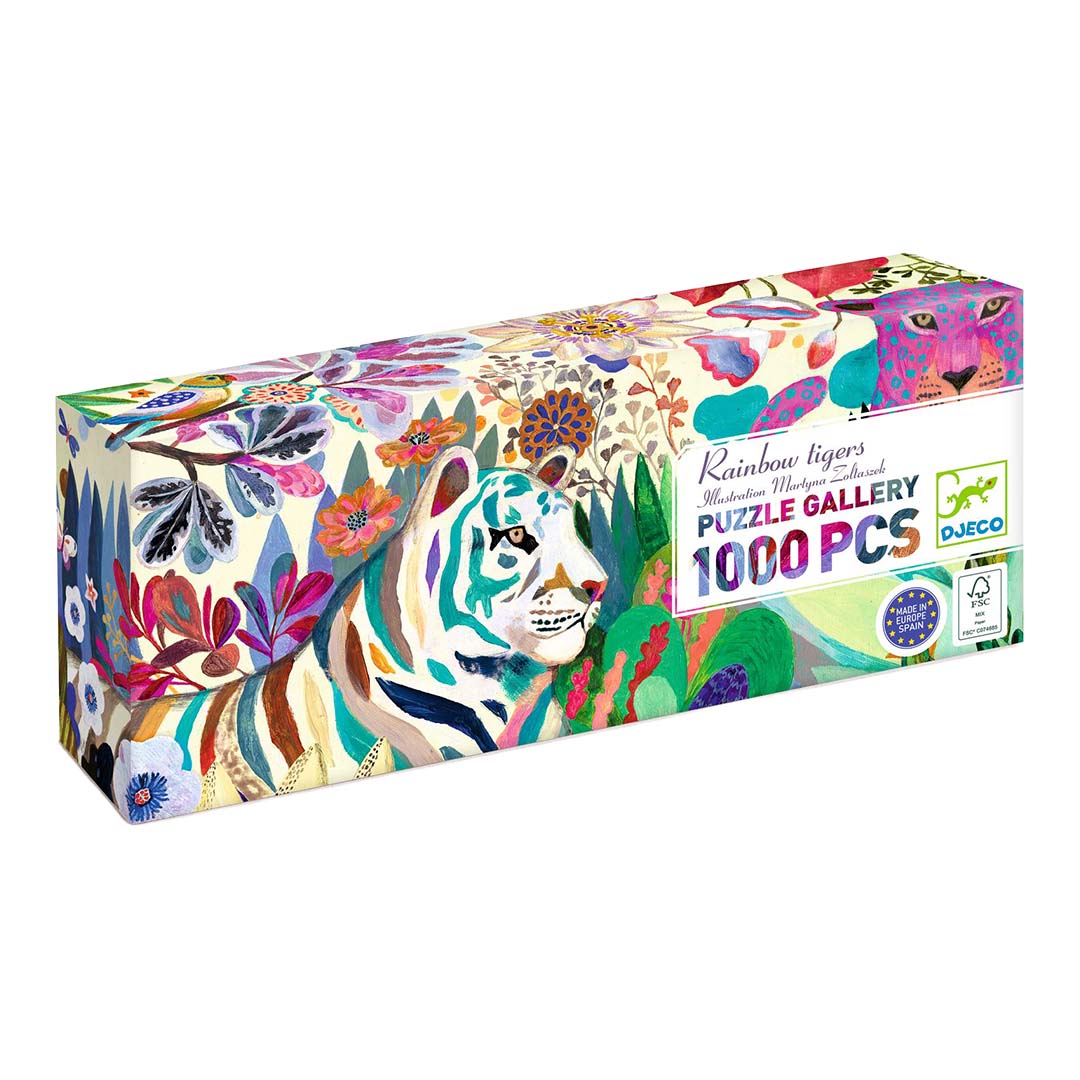 Djeco legpuzzel 'Rainbow Tigers' van 1000 stukjes, met een kleurrijke illustratie van tijgers en jungle flora op de verpakking.