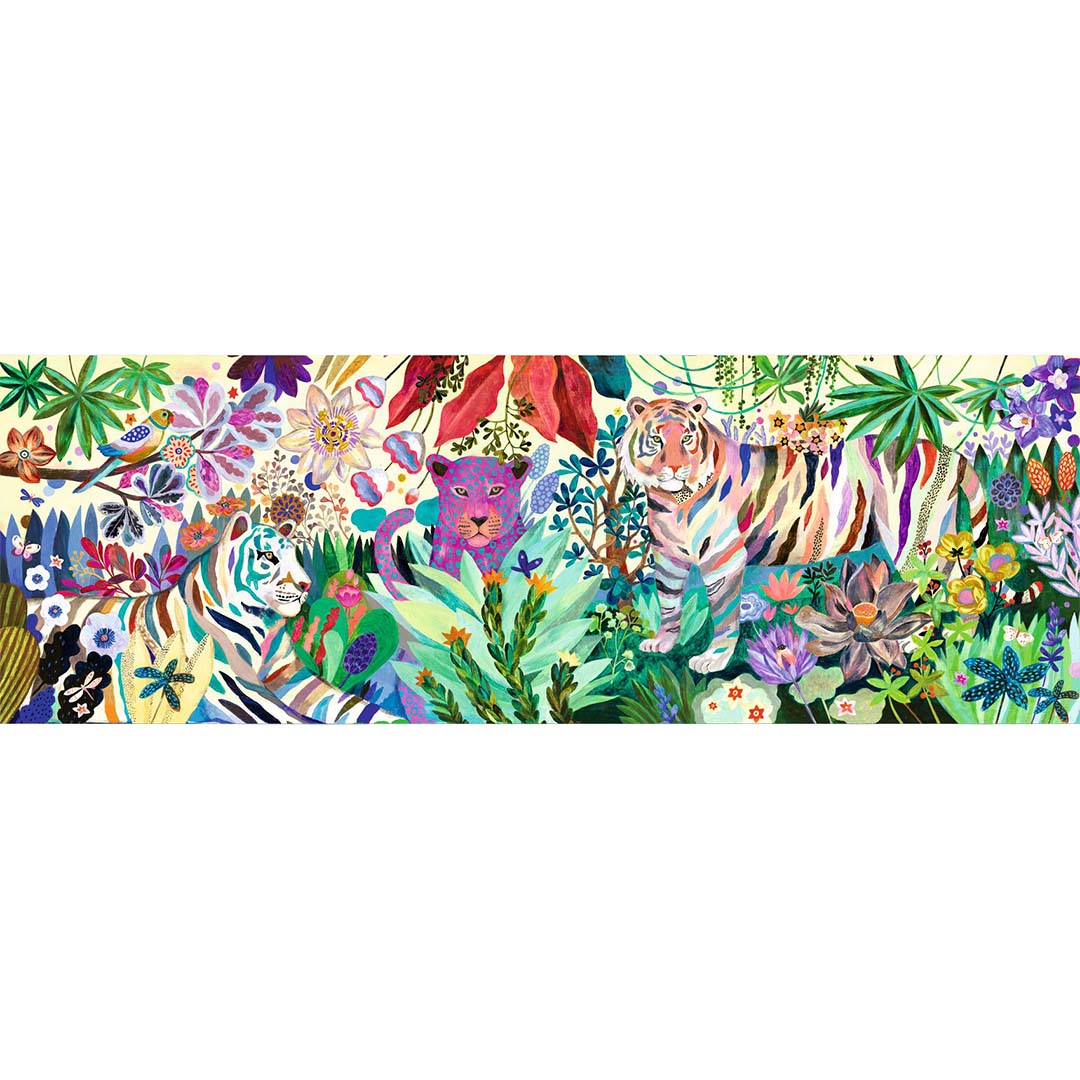 De complete Djeco legpuzzel 'Rainbow Tigers' met een panoramisch beeld van kleurrijke tijgers en een luipaard in een weelderige jungle.