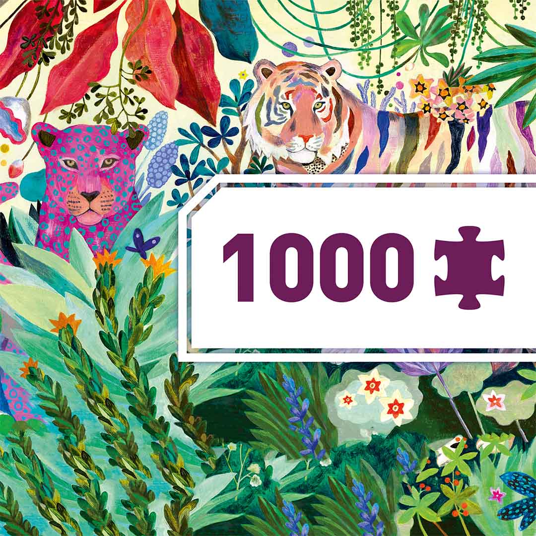 Infographic op de Djeco legpuzzel 'Rainbow Tigers' die het aantal van 1000 stukjes aangeeft over een deel van de jungle illustratie.