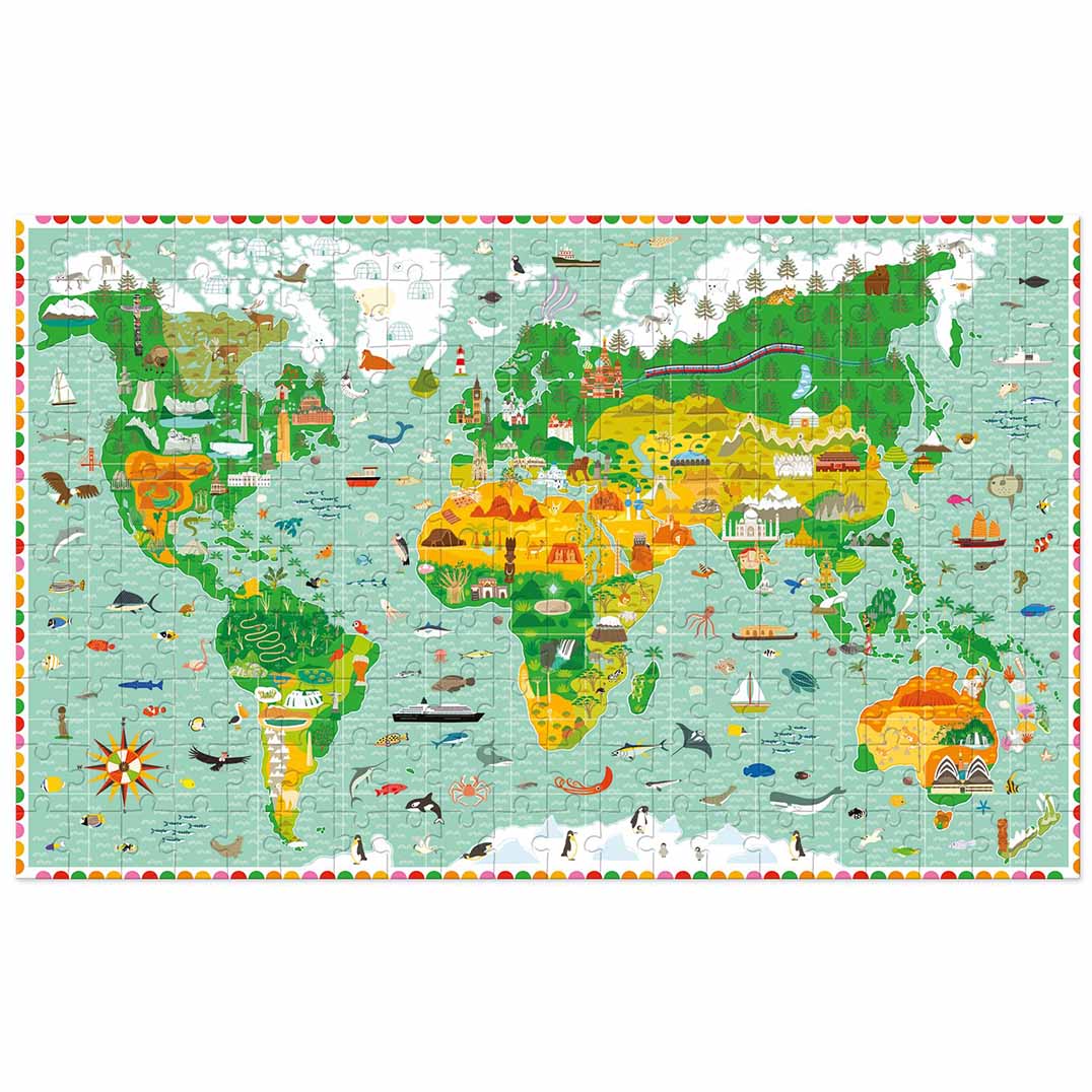 Voltooide legpuzzel van 200 stukjes met een gedetailleerde wereldkaart vol dieren, voertuigen en bezienswaardigheden.
