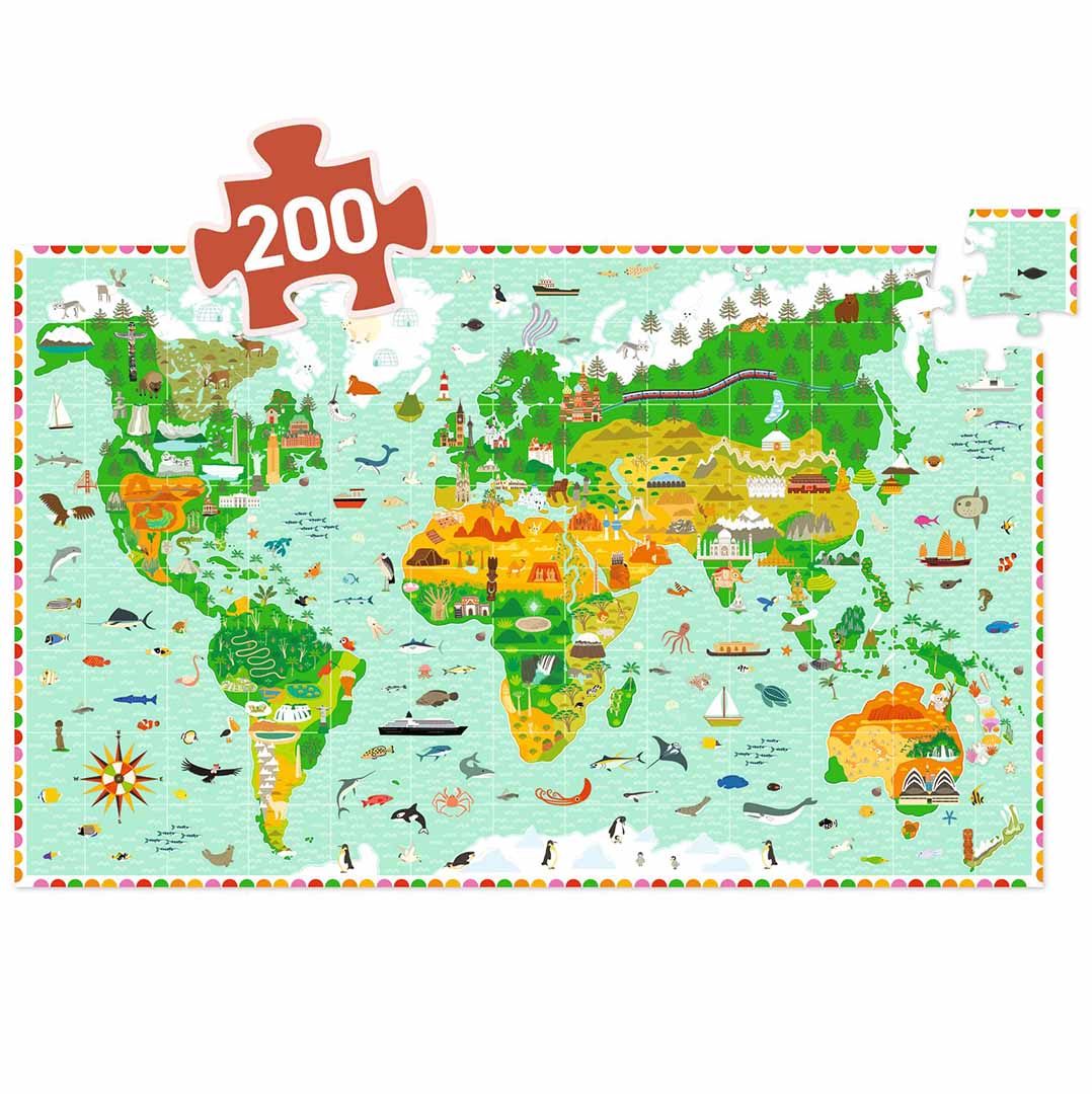 Voltooide legpuzzel van 200 stukjes met een wereldkaart vol dieren en bezienswaardigheden, met een los rood puzzelstukje erop.