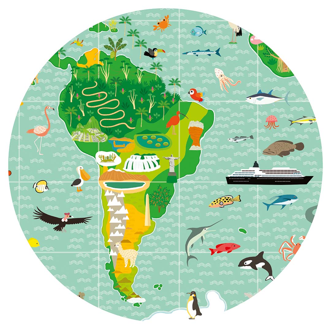 Detail van de legpuzzel met een close-up van Zuid-Amerika, afgebeeld met lokale dieren, planten en bezienswaardigheden.