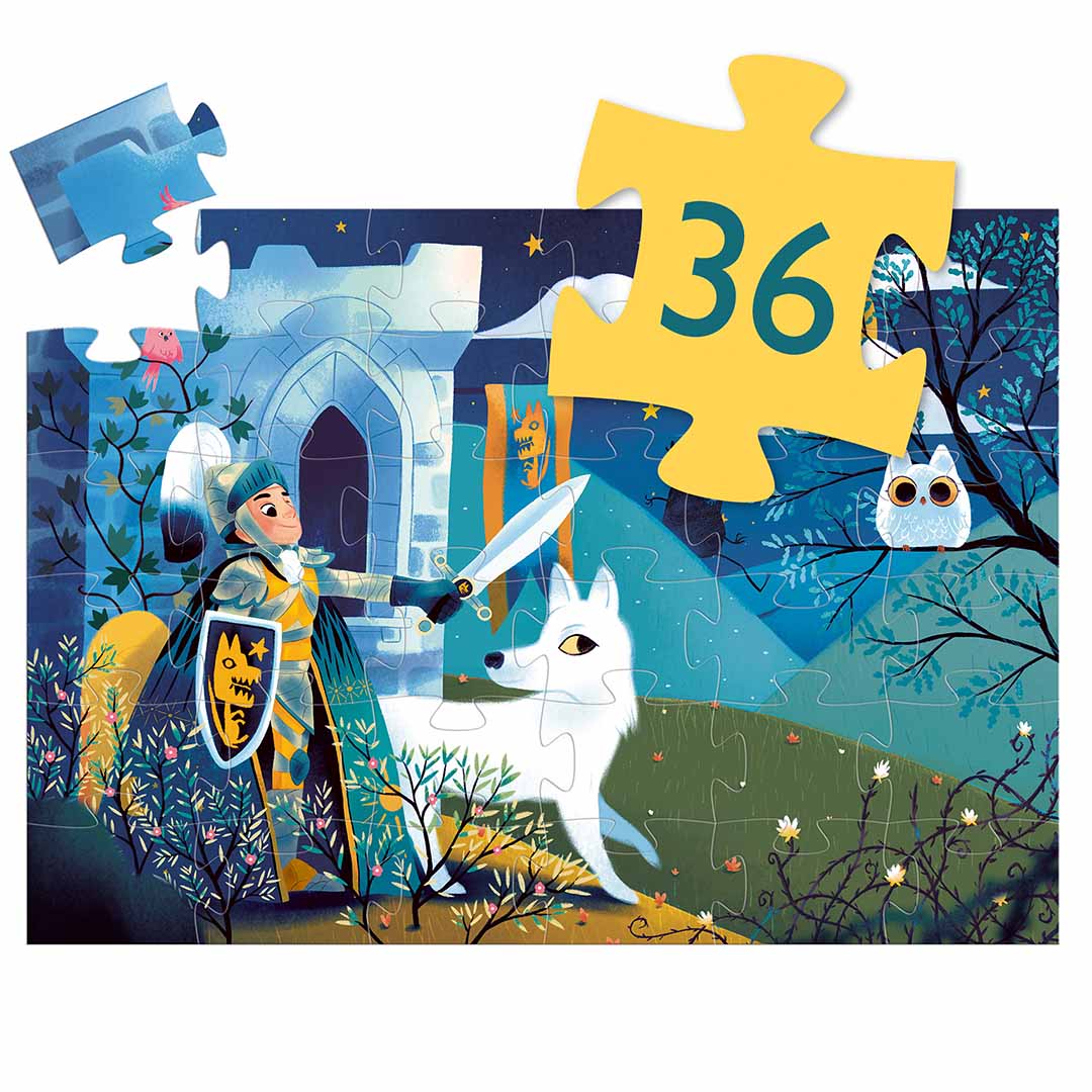 Djeco legpuzzel van 36 stukjes met een ridder, wolf en uil voor een kasteel onder een volle maan.