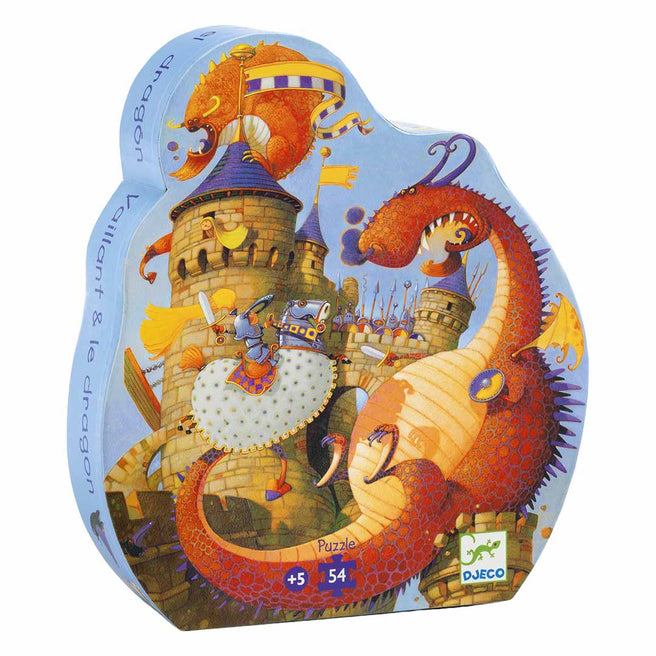 Djeco legpuzzel verpakking met een ridder die een draak bevecht bij een kasteel.