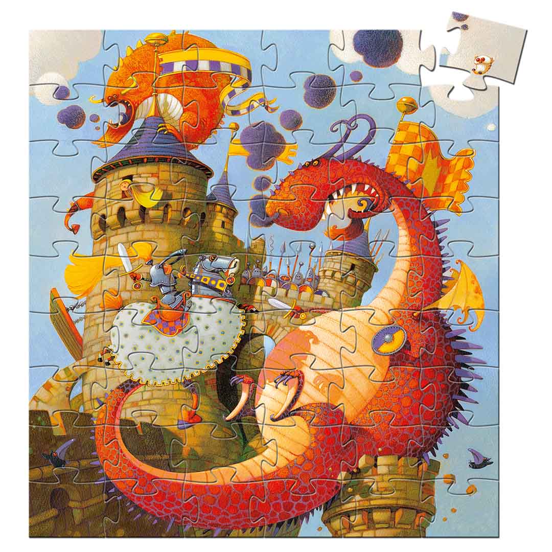 Djeco legpuzzel van ridders en draken bij een kasteel, met één los puzzelstukje.