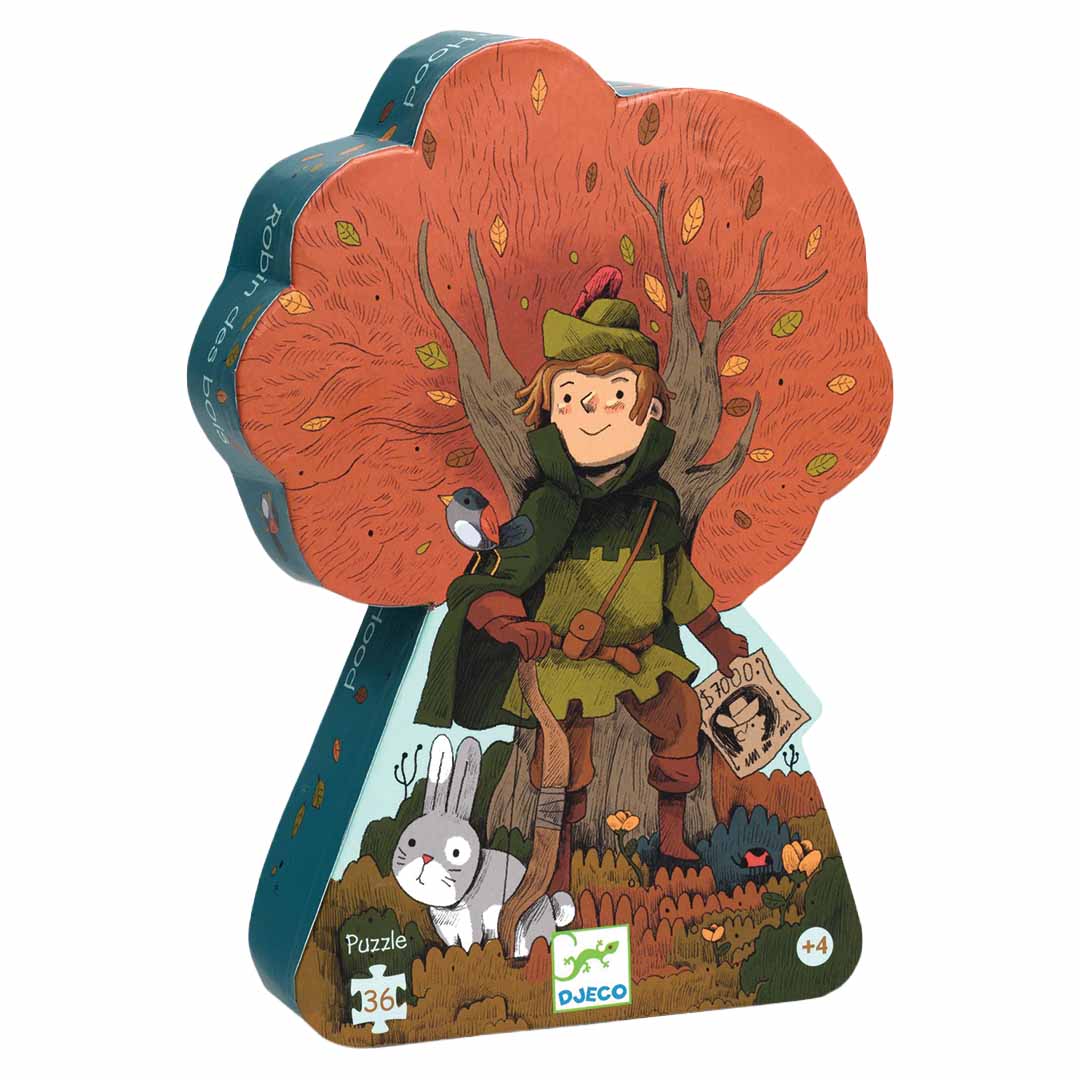 Djeco kinderpuzzel Robin Hood verpakking in de vorm van een boom met een jongen, een konijn en bladeren.