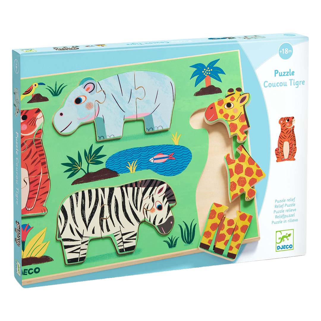 De verpakking van de Djeco houten peuterpuzzel met safaridieren.