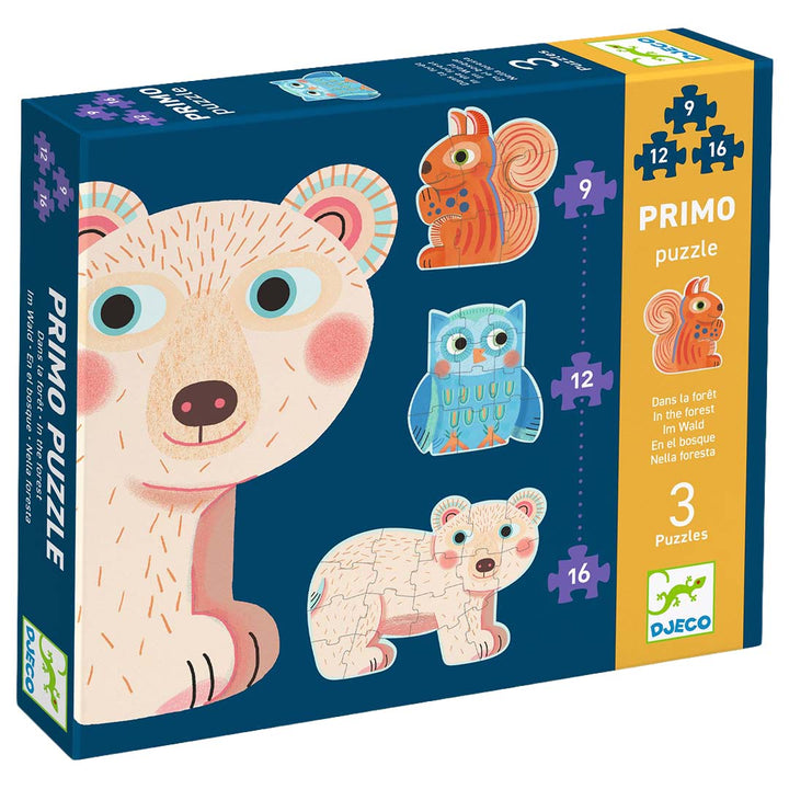 Djeco Primo puzzel set 'in het bos' verpakking met afbeeldingen van een beer, eekhoorn en uil.