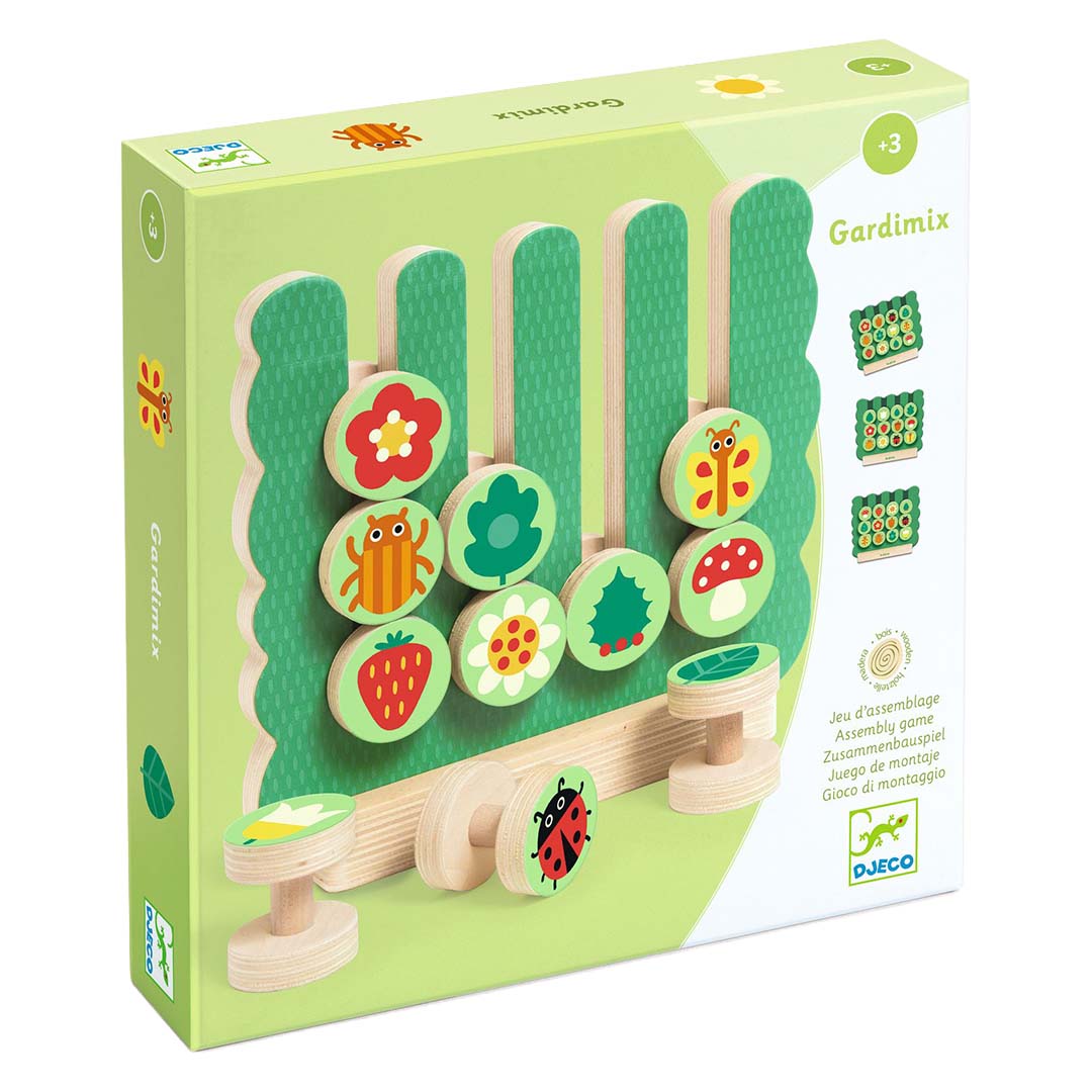 De verpakking van het Djeco houten puzzelspel Gardimix met het spel afgebeeld.