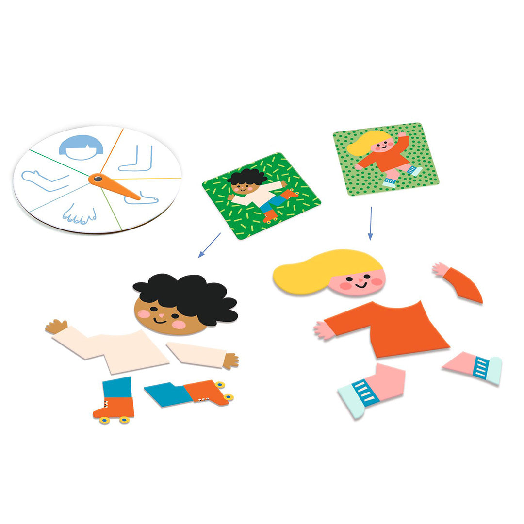Djeco puzzelspel met een draaischijf en losse lichaamsdelen om twee kinderfiguren te maken.