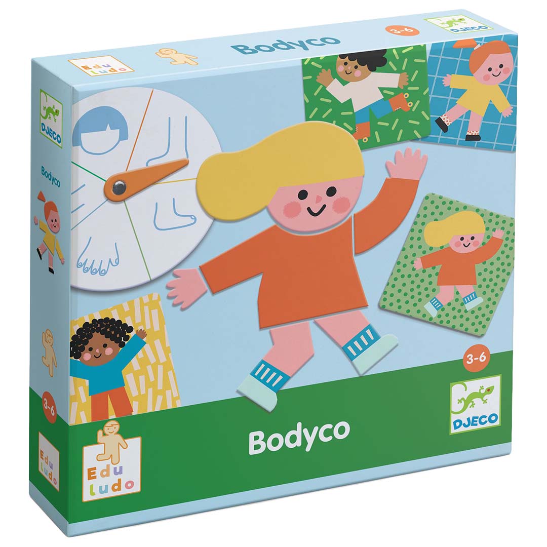 Djeco puzzelspel 'Bodyco' verpakking met illustraties van kinderfiguren en lichaamsdelen.