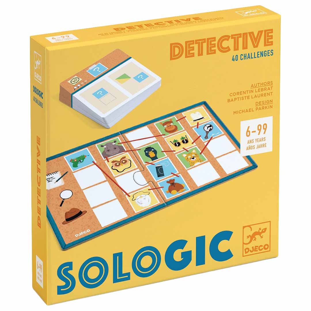 Djeco Sologic Detective puzzelspel verpakking met gele doos en een afbeelding van het detective spelbord.