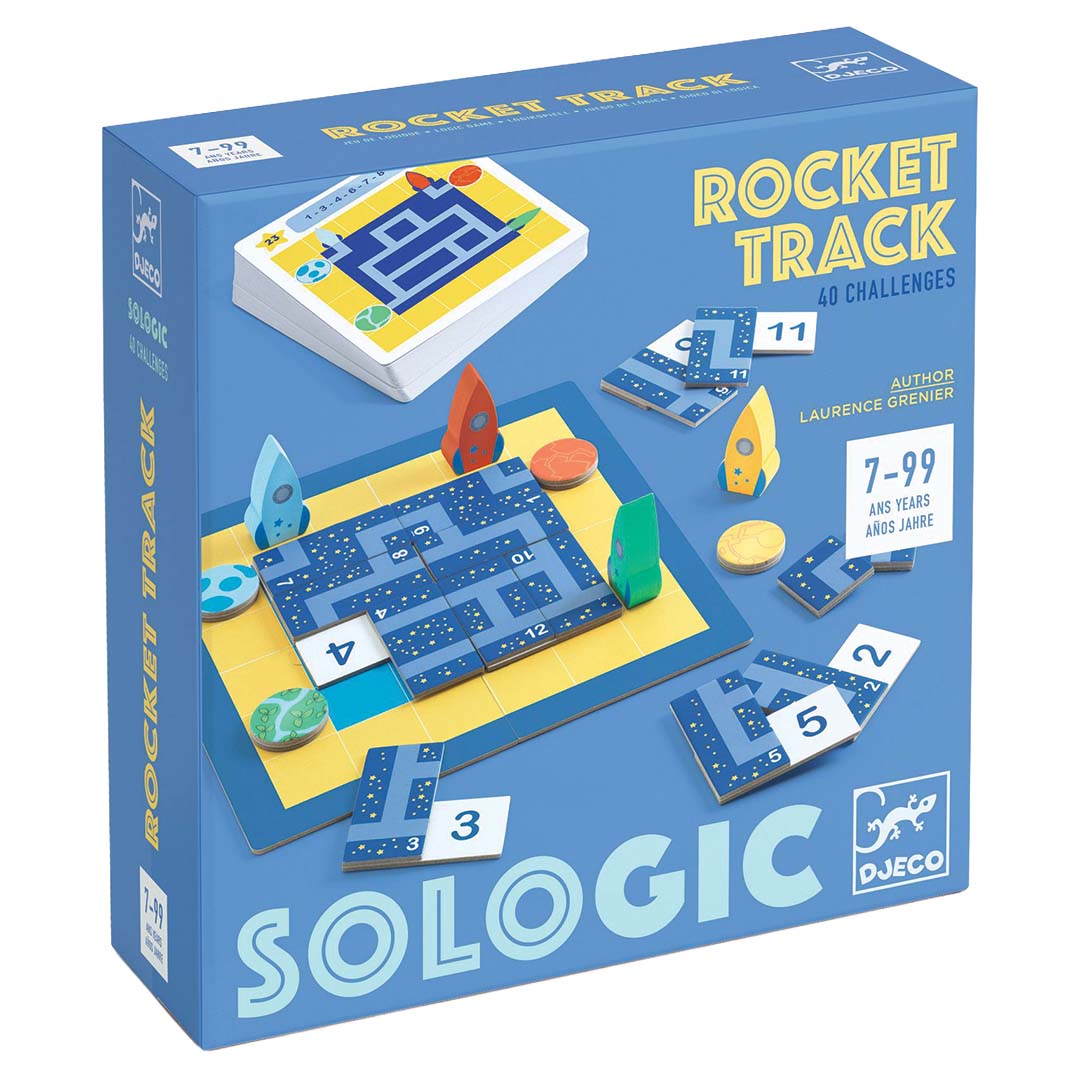Djeco Sologic Rocket Track puzzelspel verpakking met afgebeelde raketten en sterren.