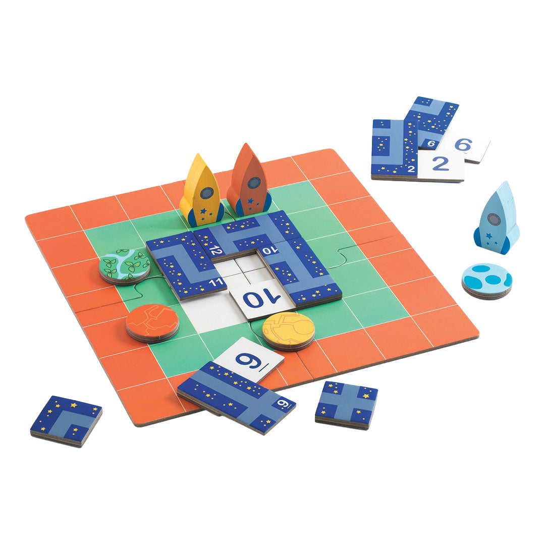 Djeco Sologic Rocket Track puzzelspel met raketten en puzzelstukken op een oranje en groen speelbord.