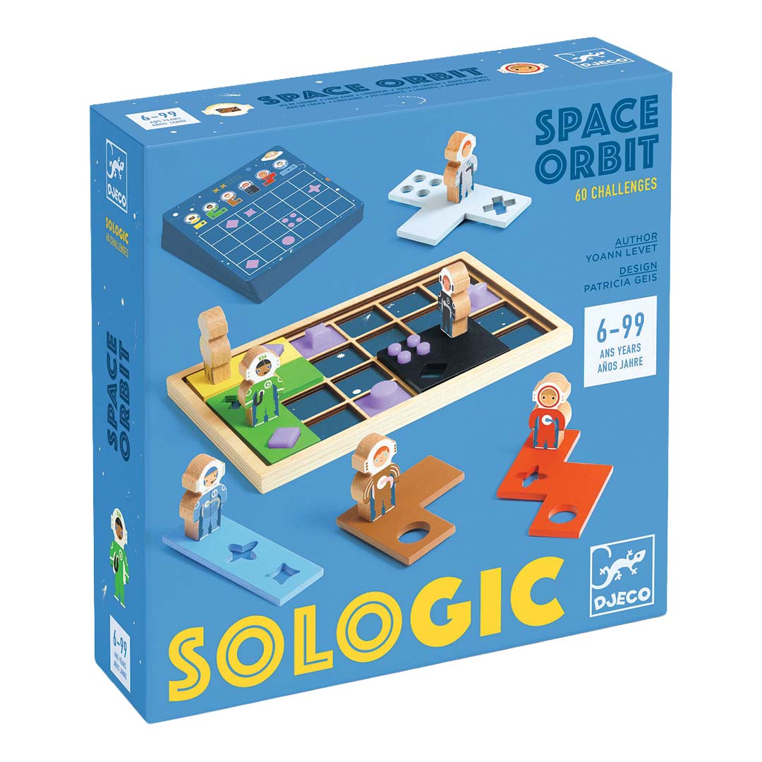 Djeco Sologic Space Orbit puzzelspel verpakking met ruimte-thema afbeeldingen.