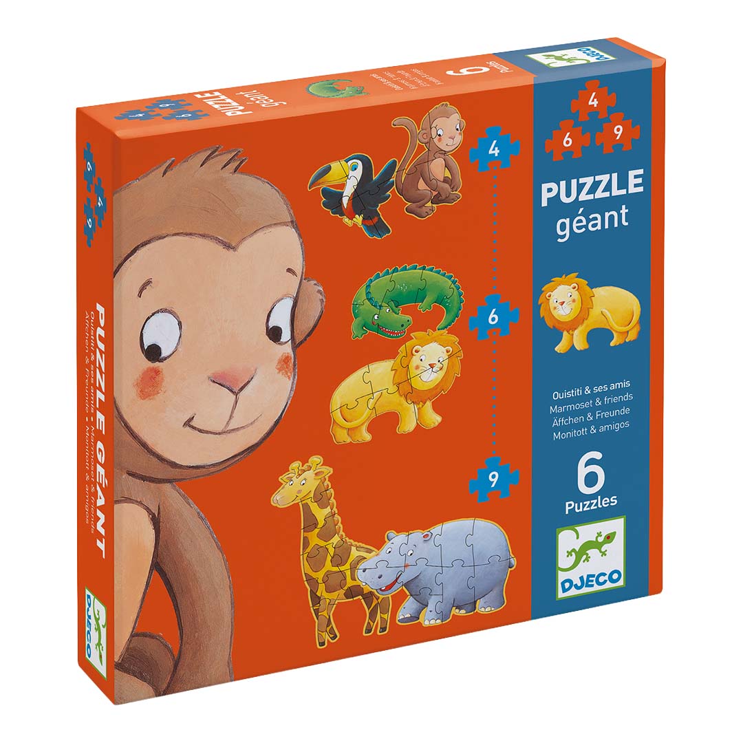 Djeco puzzelverpakking met afbeeldingen van safaridieren zoals een aap, leeuw en giraffe.