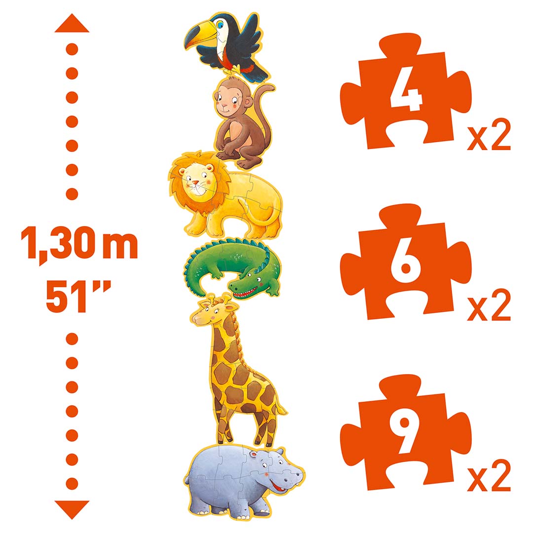 Infographic van de Djeco safaridierenpuzzels met de gestapelde dieren en het aantal puzzelstukjes per dier.