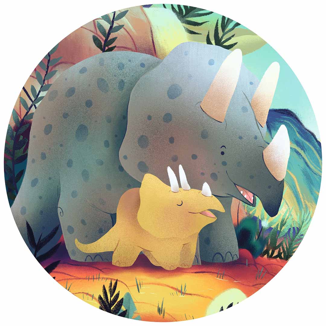 Detail van de Djeco puzzel met de lachende gezichten van een grote en kleine triceratops.