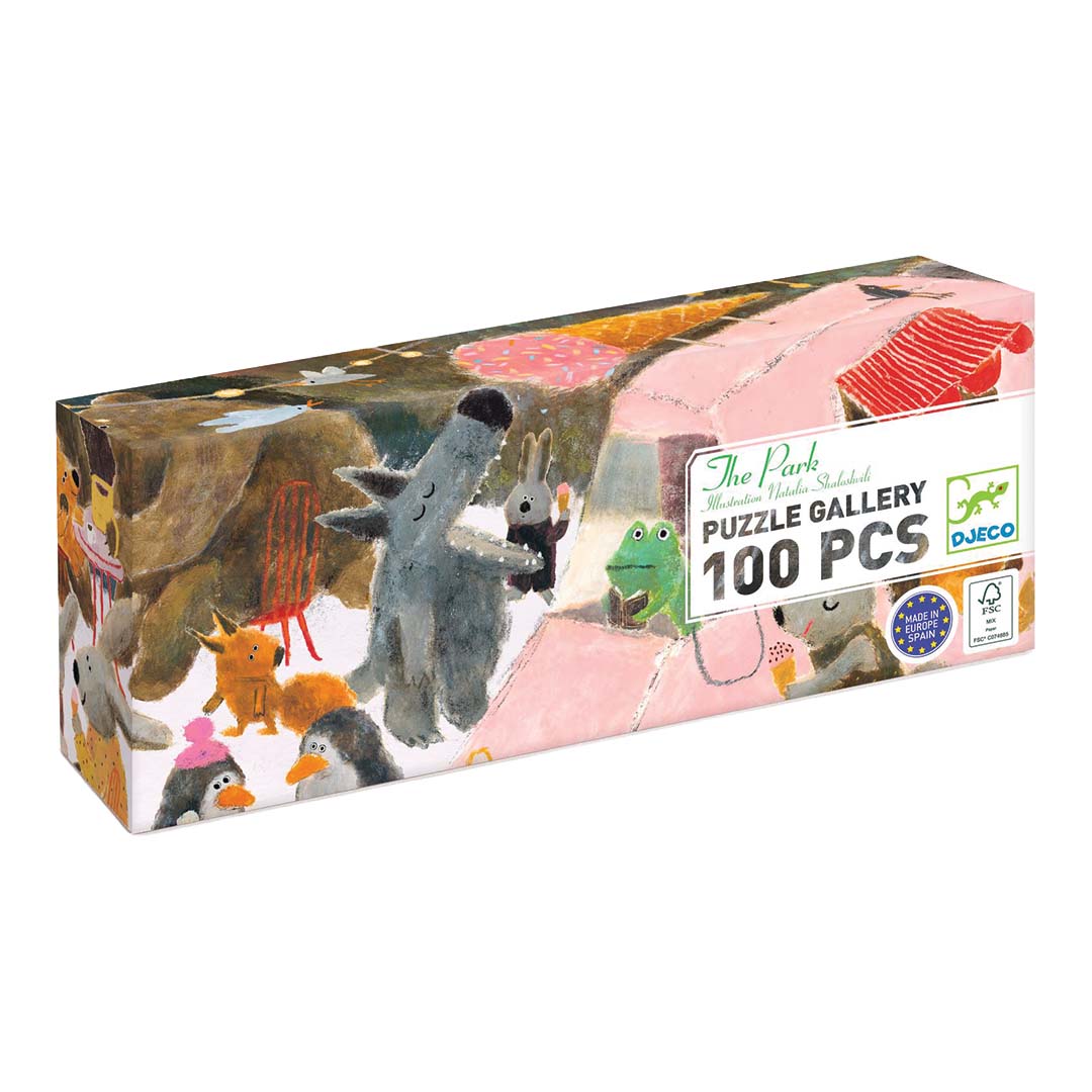 Djeco legpuzzel 'The Park' van 100 stukjes, verpakking met illustratie van dieren.