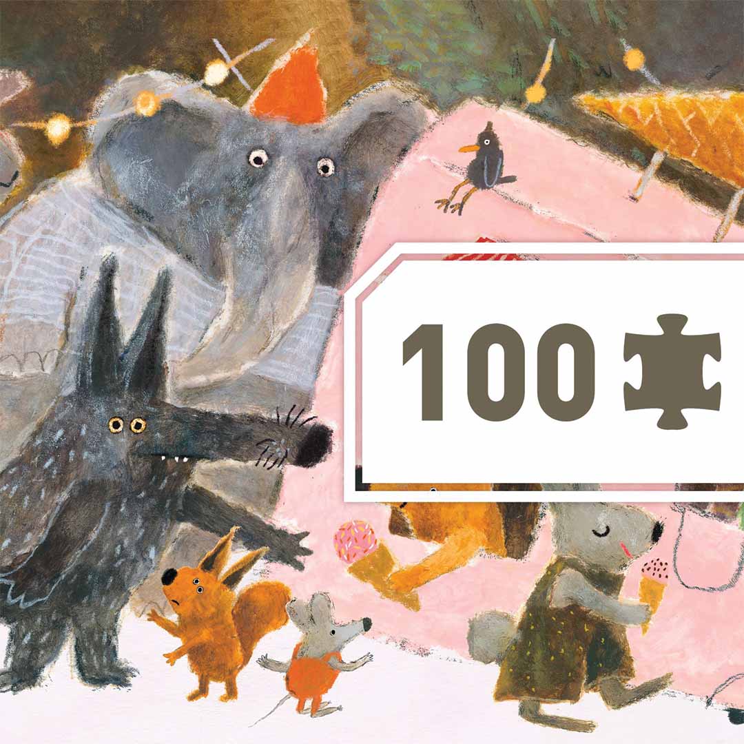 Detail van de Djeco legpuzzel met een olifant, wolf, eekhoorn en muis, en het aantal van 100 stukjes.