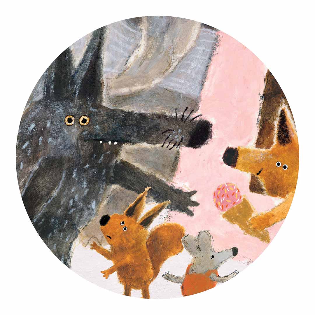 Detail van de Djeco legpuzzel met een wolf, eekhoorn, muis en een vos met een ijsje.