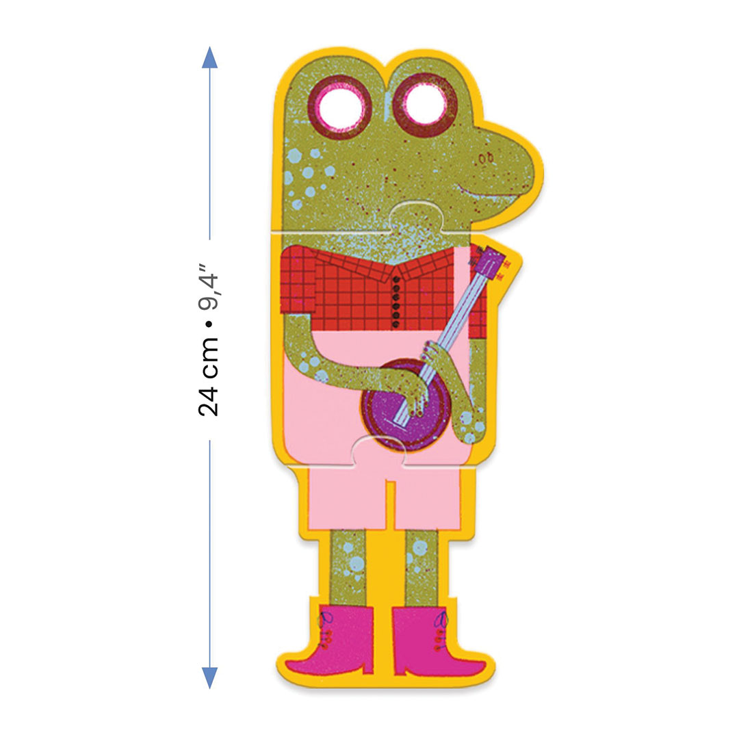 Een Djeco dierenpuzzel van een groene kikker met banjo, met een schaalverdeling van 24 cm.