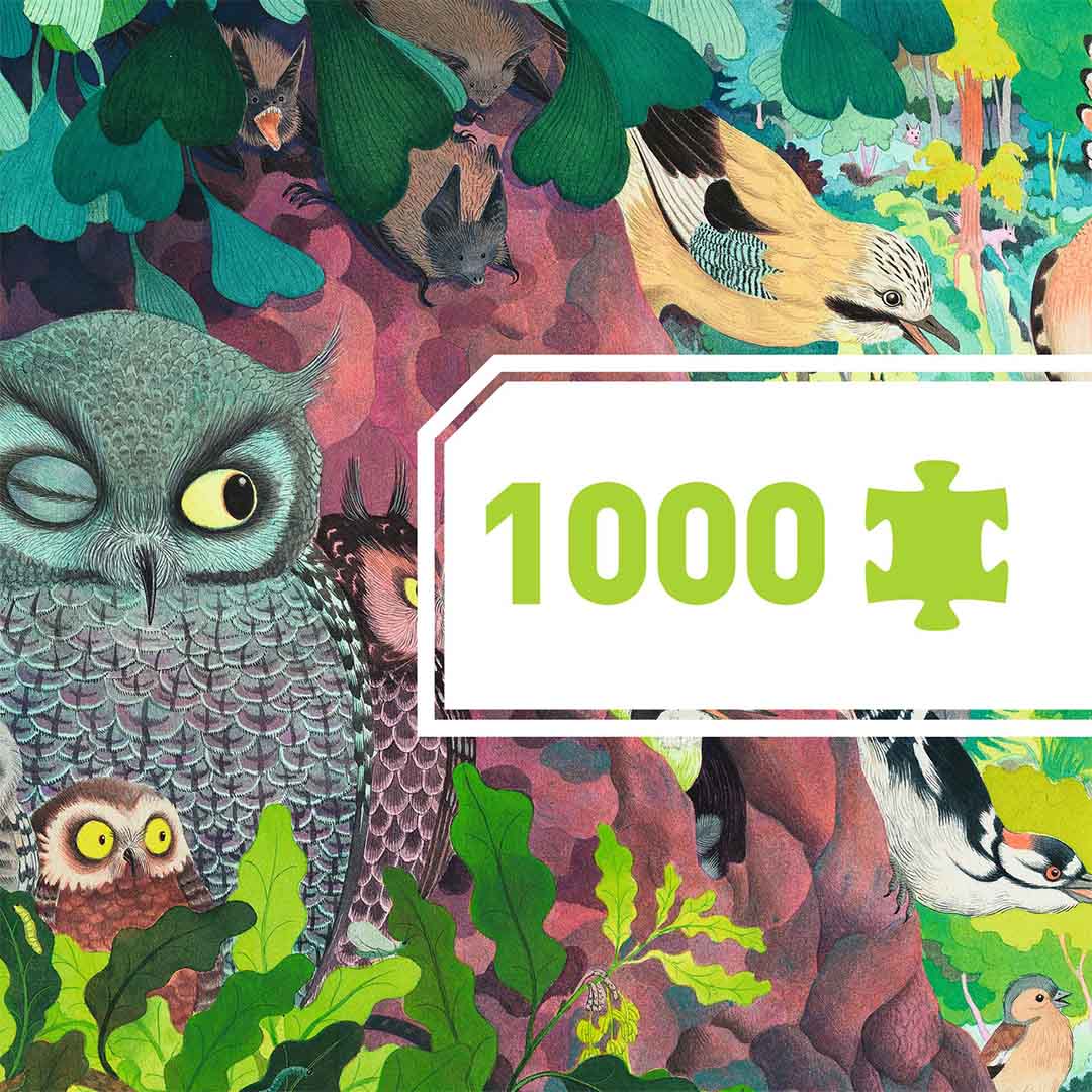Infographic van de legpuzzel met een close-up van uilen en vleermuizen en het aantal van 1000 puzzelstukjes.