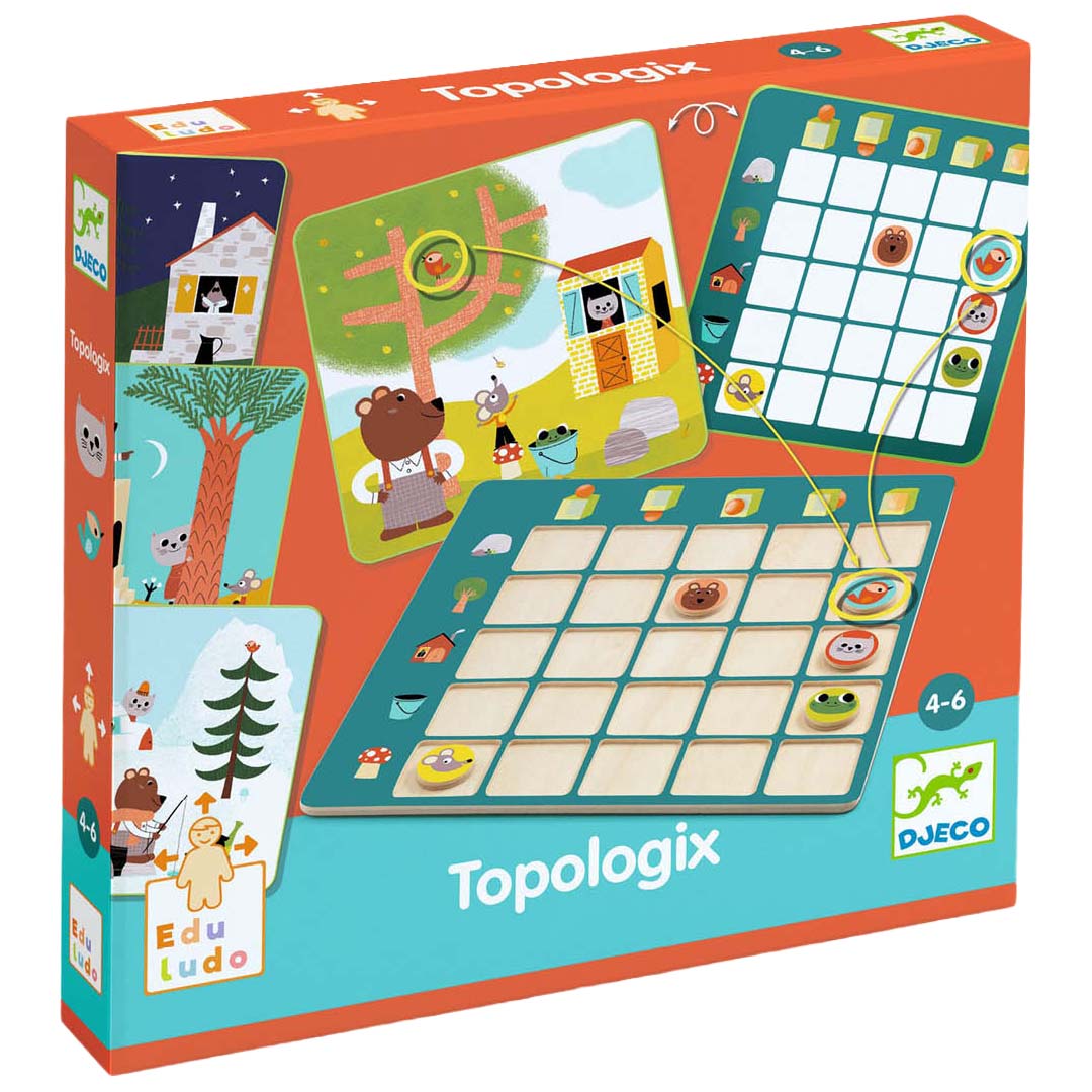 Verpakking van het Djeco Topologix educatieve bordspel met dieren en figuren.