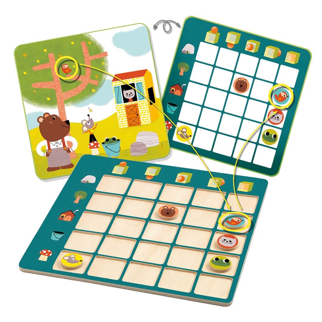 Het Djeco Topologix educatieve bordspel met houten speelstukken en kaarten met dieren en figuren.