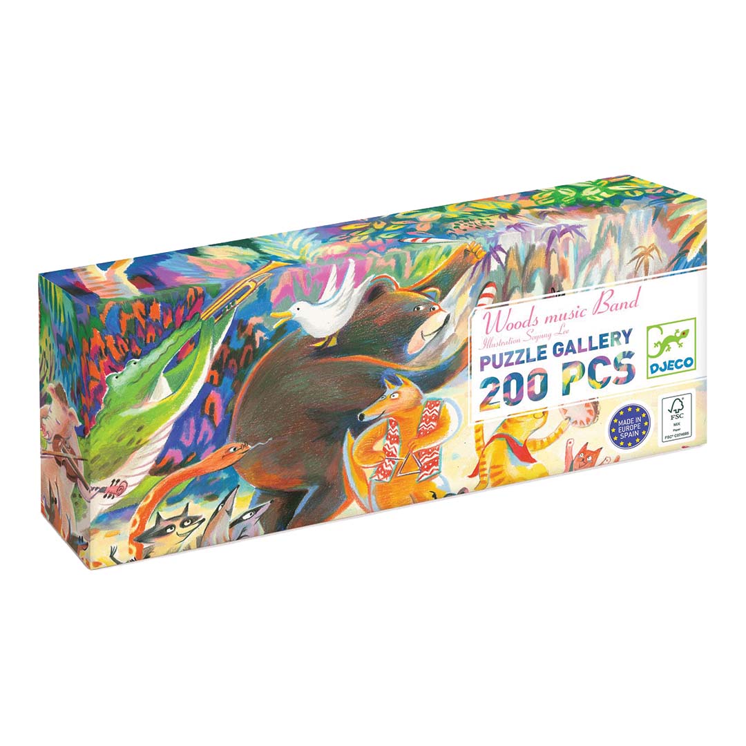 Djeco puzzelverpakking van de 'Woods Music Band' met een illustratie van musicerende dieren in het bos.