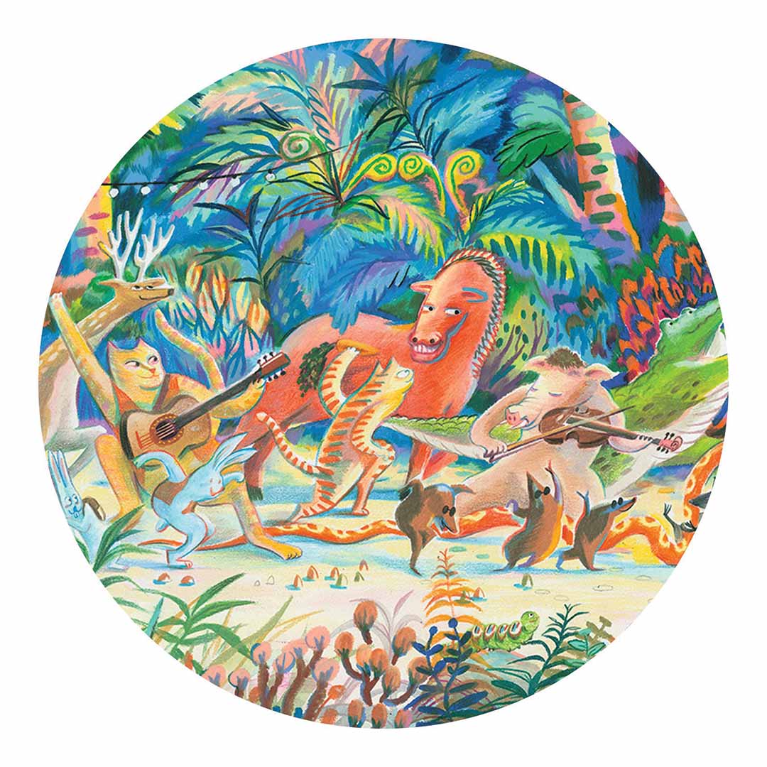 Rond detail van de Djeco puzzelillustratie met diverse dieren die instrumenten bespelen in een tropisch bos.
