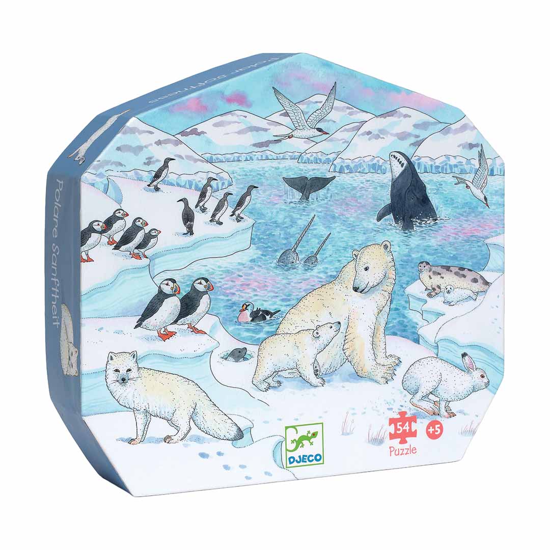 De achthoekige verpakking van de Djeco legpuzzel met een illustratie van poolwereld dieren.
