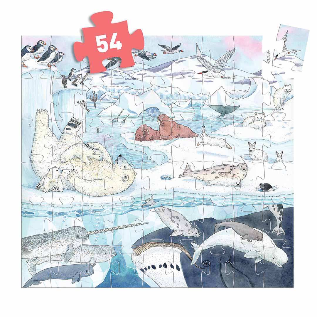 De Djeco legpuzzel van 54 stukjes met poolwereld dieren, met een rood puzzelstukje met het getal 54 erop.