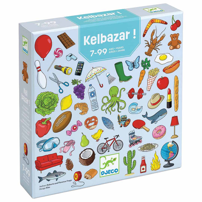 De verpakking van het Djeco raadspel Kelbazar! met diverse kleine illustraties van alledaagse voorwerpen.