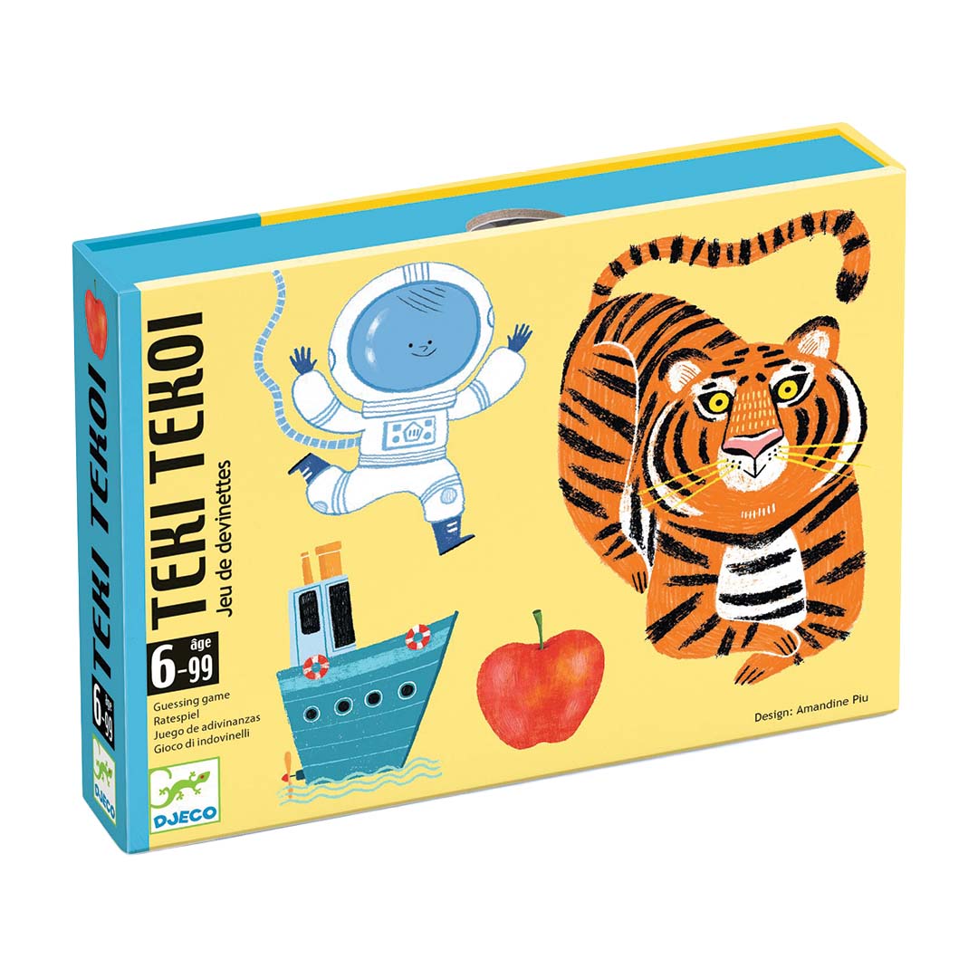 Djeco Teki Tekoi raadspel verpakking met illustraties van een astronaut, tijger, boot en appel.