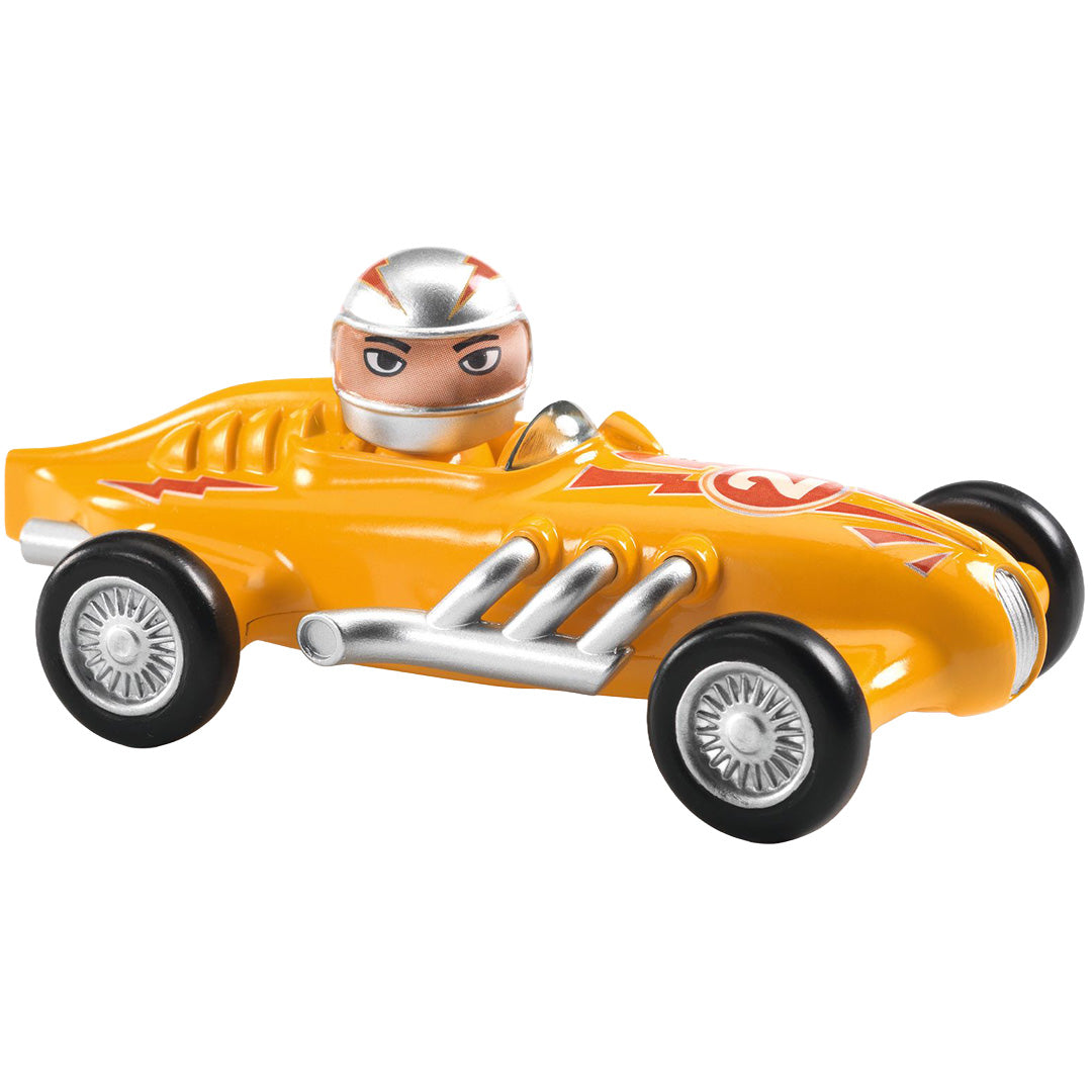 Djeco gele speelgoed raceauto met coureur.