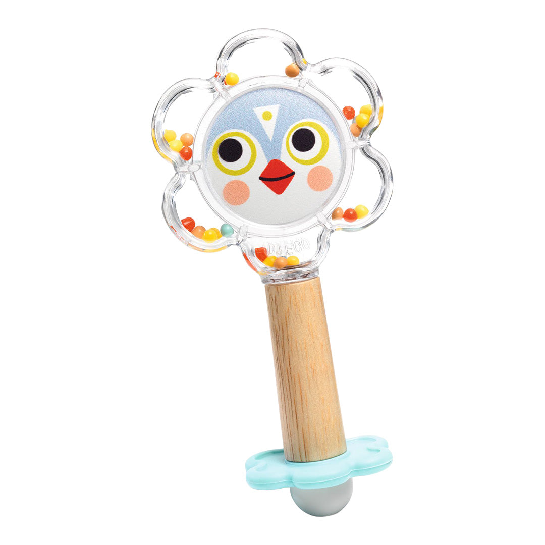 Djeco babyspeelgoed rammelaar met een transparante bloemvormige kop met vogelgezicht en gekleurde kralen, en een houten handvat.