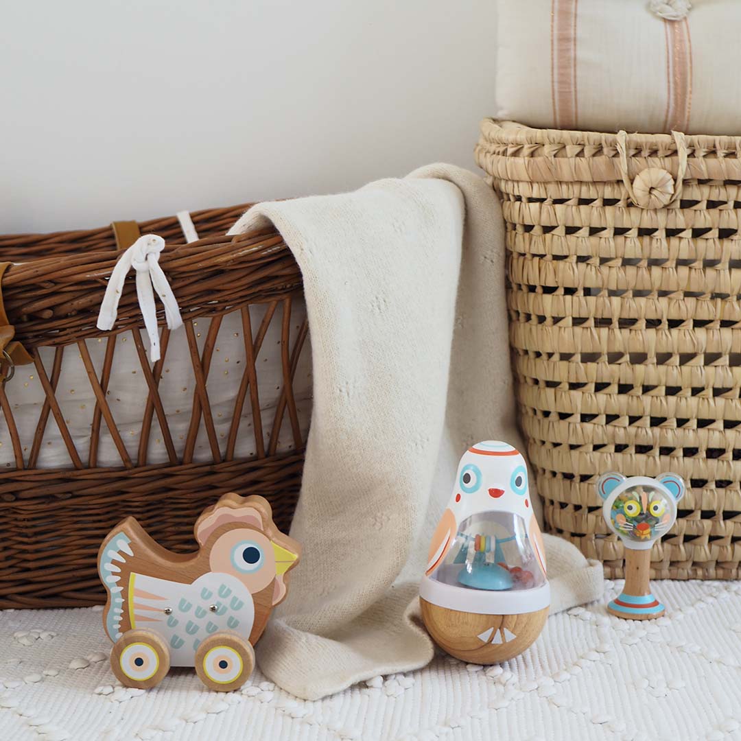 Een Djeco babyspeelgoed rammelaar staat naast een houten kip op wielen en een wankelende pinguïn op een witte ondergrond.