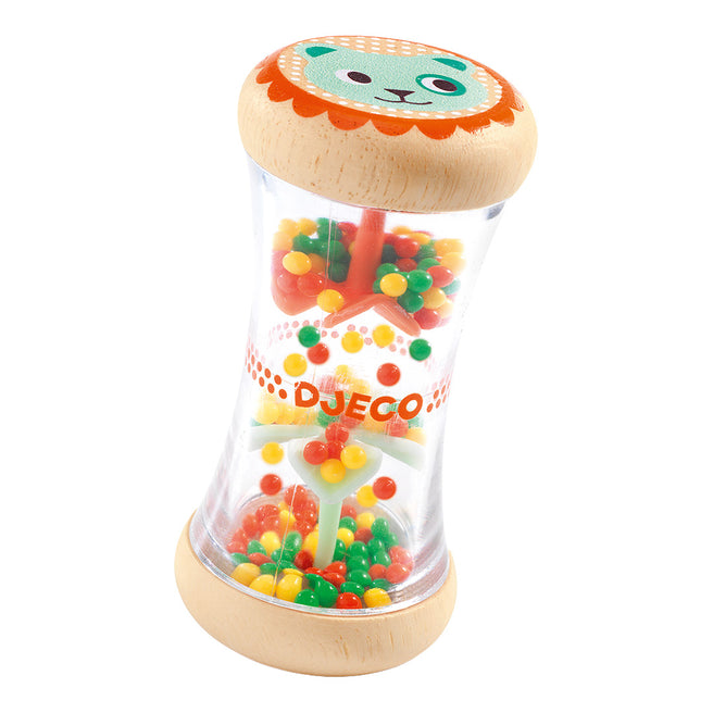 Djeco babyspeelgoed rammelaar met kleurrijke balletjes, houten uiteinden en een leeuwenkopje.