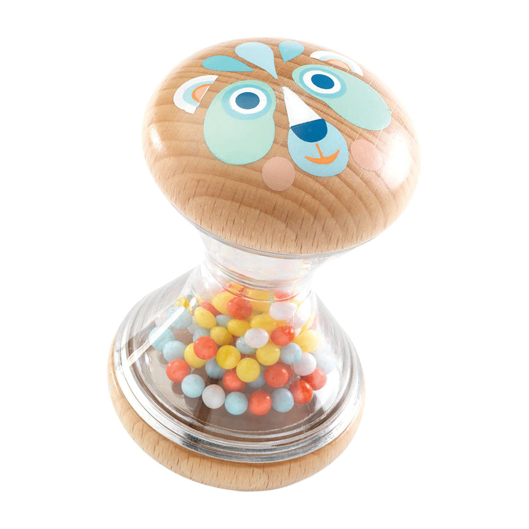Djeco houten en plastic rammelaar met een dierenkop en kleurrijke balletjes.