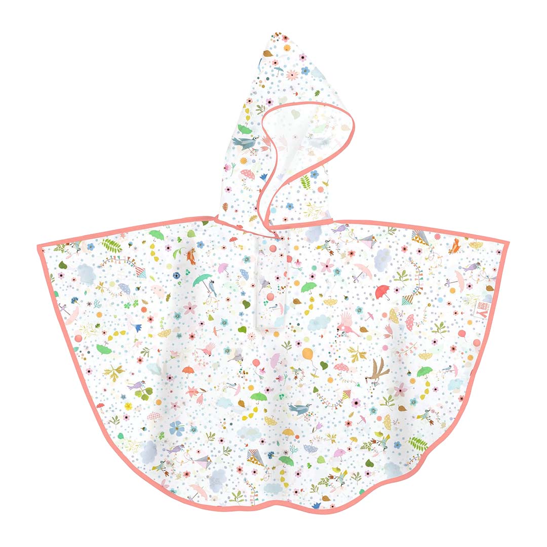 Djeco kinder regenponcho met capuchon, wit met een patroon van bloemen, vogels en vliegers, afgezet met roze.
