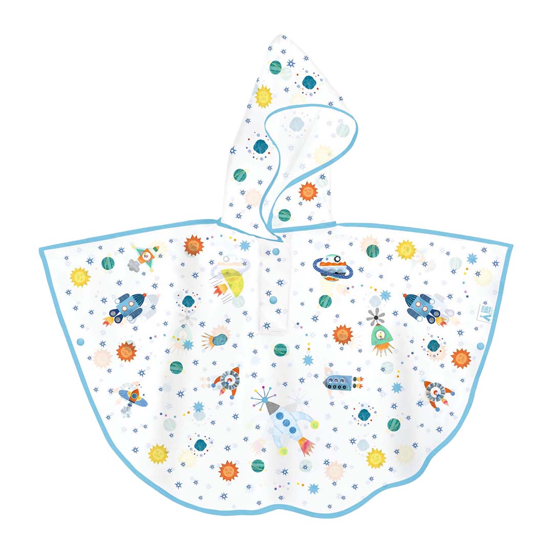 Djeco kinder regenponcho met capuchon, wit met raketten en sterrenpatroon.