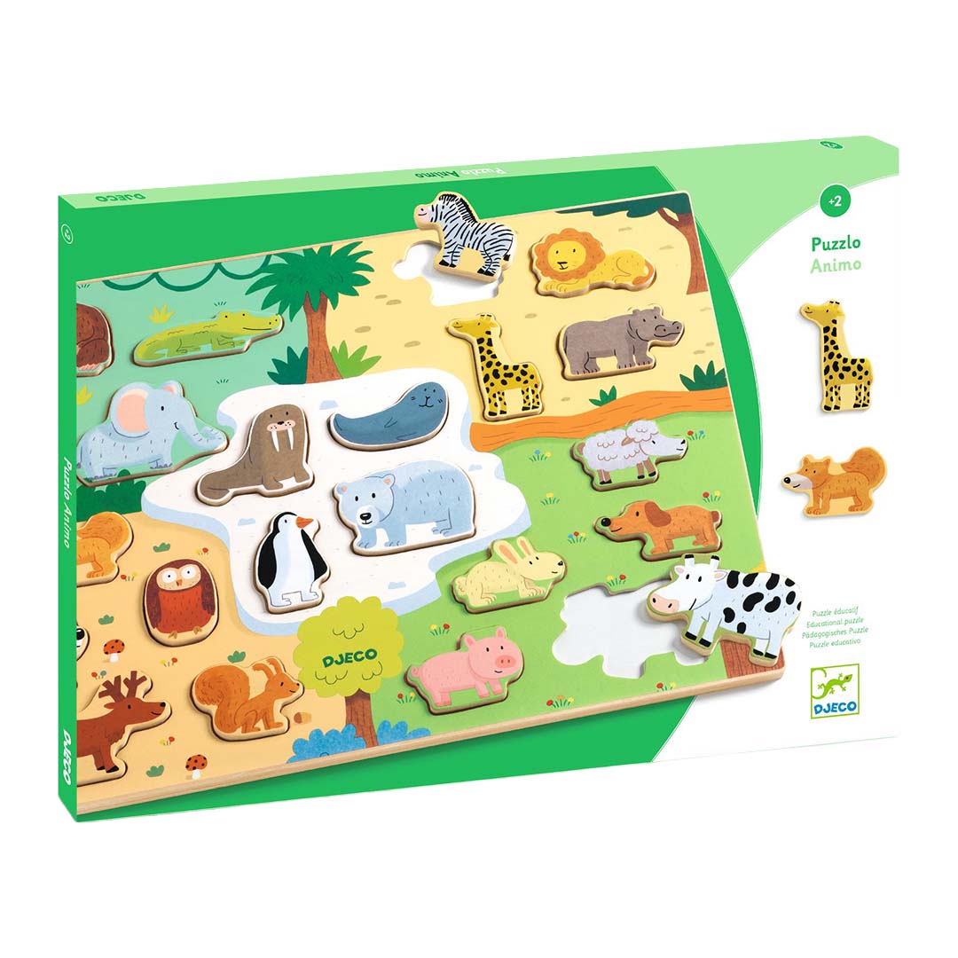 De verpakking van de Djeco houten reliëfpuzzel Puzzlo Animo met enkele losse dierenstukken ernaast.