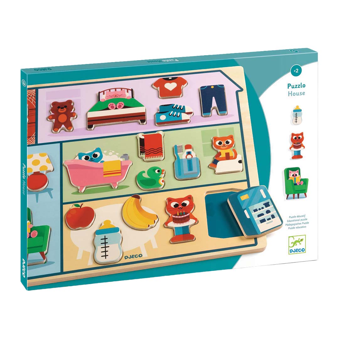 De verpakking van de Djeco houten puzzel Puzzlo House met een deel van de puzzel zichtbaar.